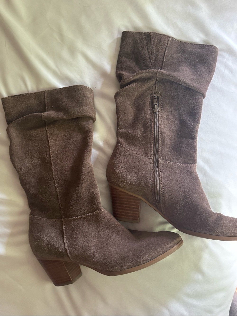 Brown Suede Mid-Calf Block Heel Boots